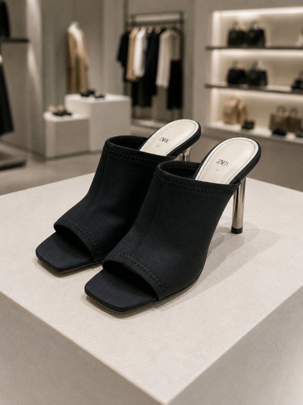 Zara Black Square Toe Open Toe Mule Heels Size 37